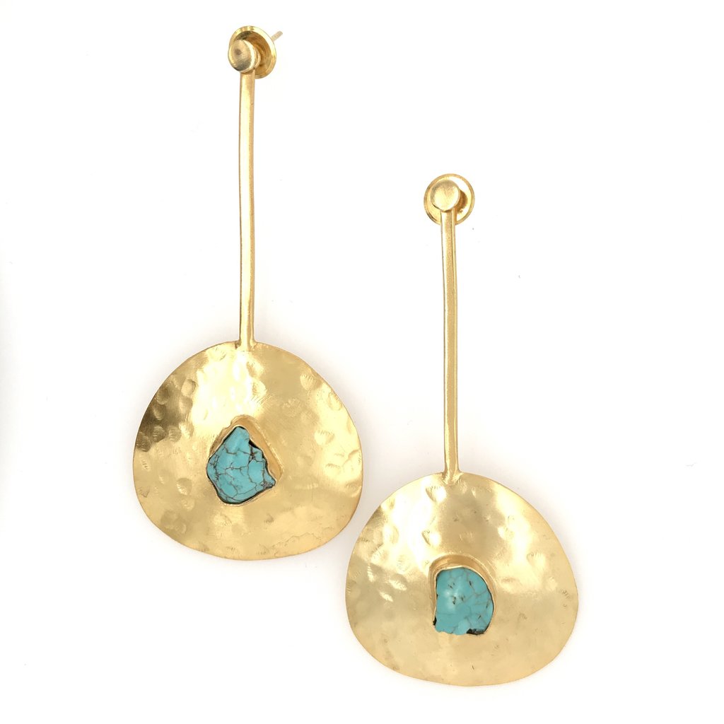 Gold drop earrings with beaten shield and rough cut turquoise stone