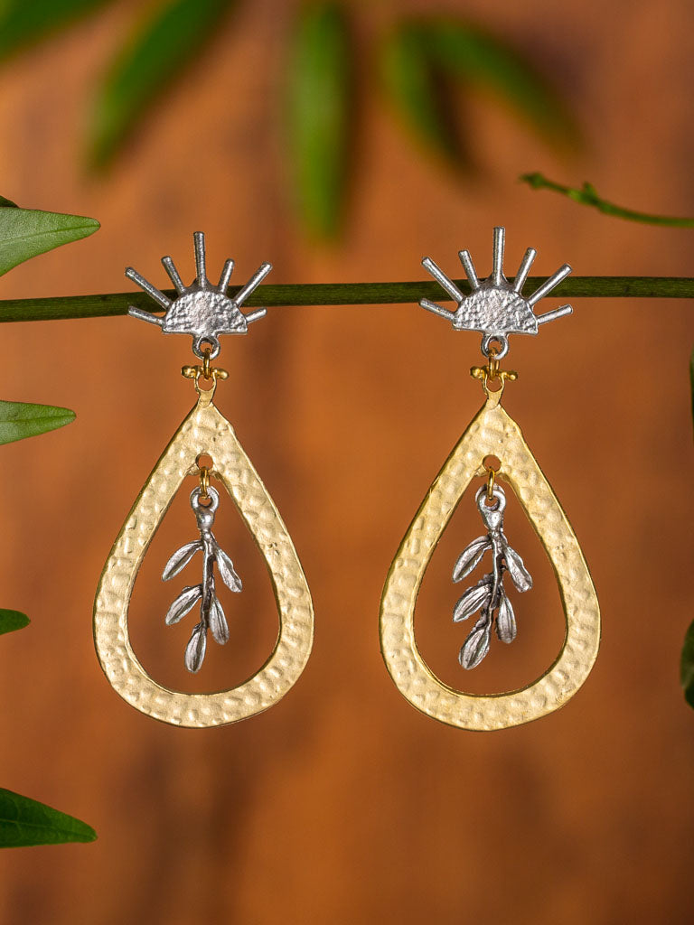 Helios Earring - rising sun silver stud with gold loops and silver dangles