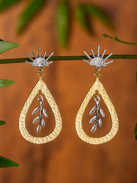 Helios Earring - rising sun silver stud with gold loops and silver dangles