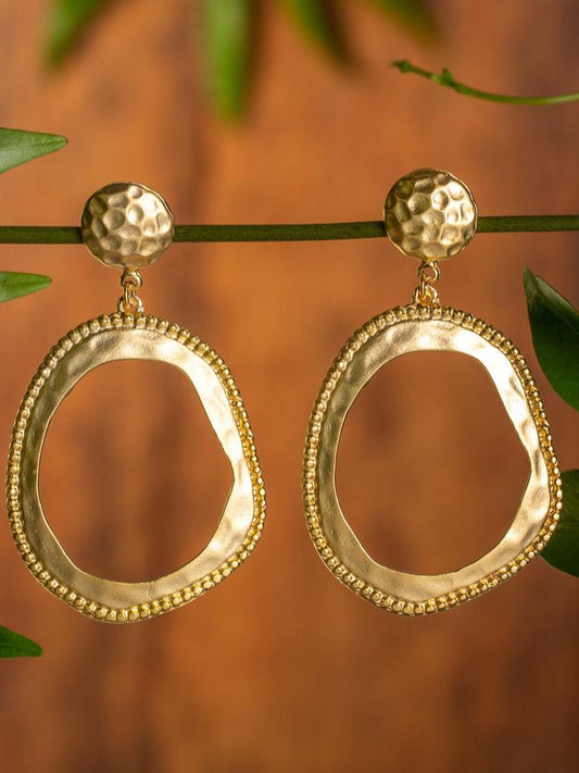 Orbit Earring Gold stud with dimples and a light weight orb hanging.