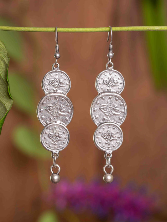 Silver plated coins joined earrings