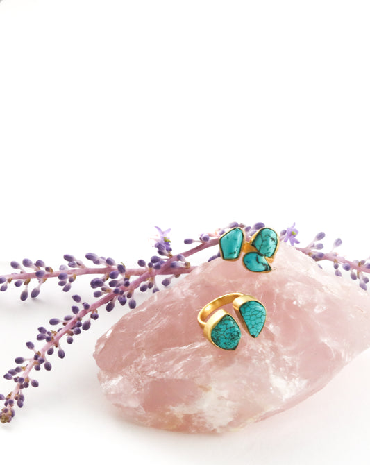 Double gem stone adjustable gold ring turquoise