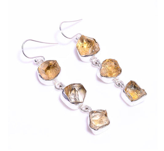 Triple drop citrine in silver earrings