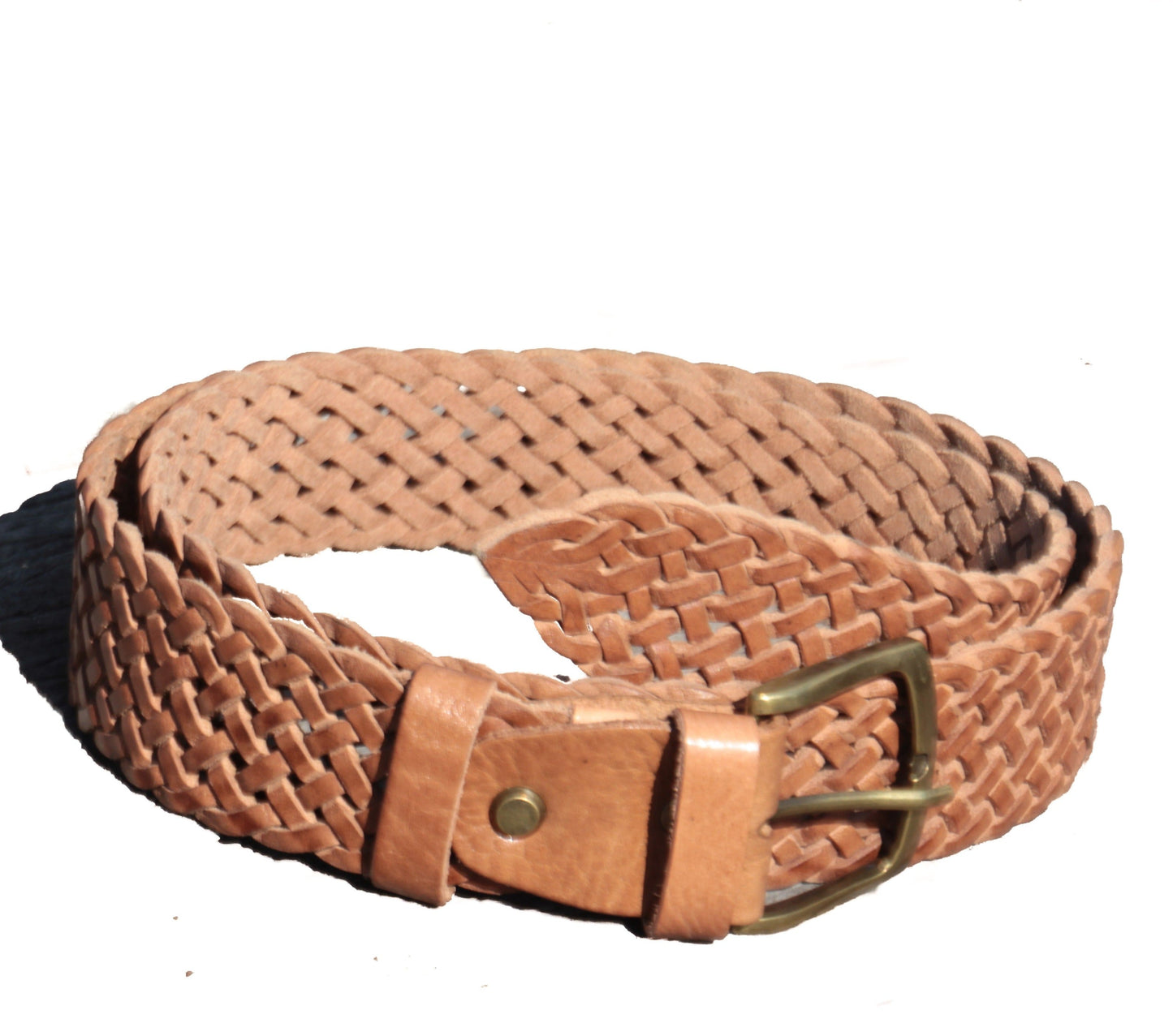 A woven belt narrow in tan colour with bronze t-bar buckle